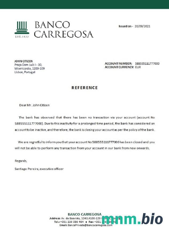 Portugalia Banco Carregosa przykład zamknięcia odniesienia w formatach Word i PDF